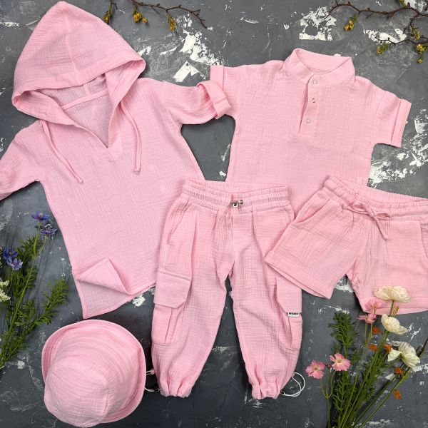 Комплект muslin cotton Pink BEWARM дитячий (штани,футболка,панамка,шорти,туніка)