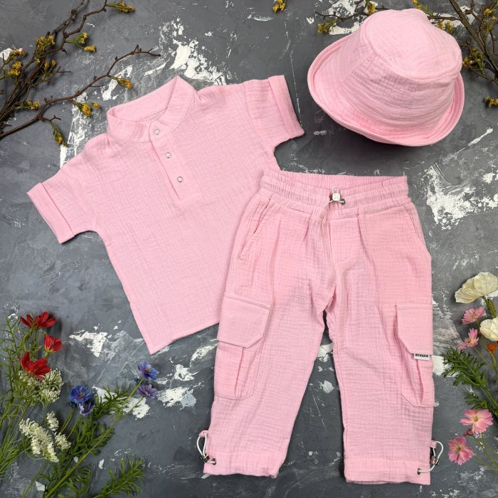 Костюм muslin cotton BEWARM дитячий штани + футболка + панамка Рожевий