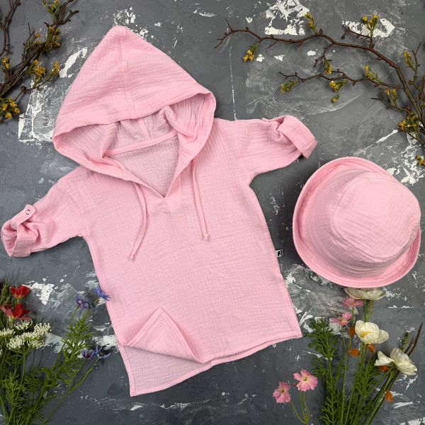 Мусліновий набір туніка + панама дитяча Muslin Cotton BEWARM Рожевий