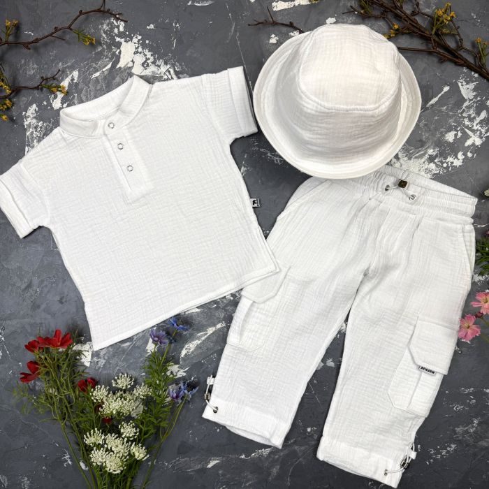 Костюм muslin cotton BEWARM дитячий штани + футболка + панамка Білий