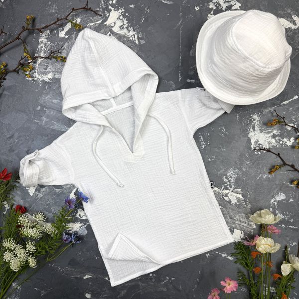 Мусліновий набір туніка + панама дитяча Muslin Cotton BEWARM White