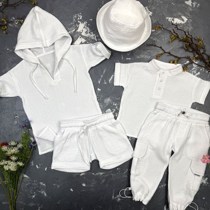 Комплект muslin cotton White BEWARM дитячий (штани,футболка,панамка,шорти,туніка)