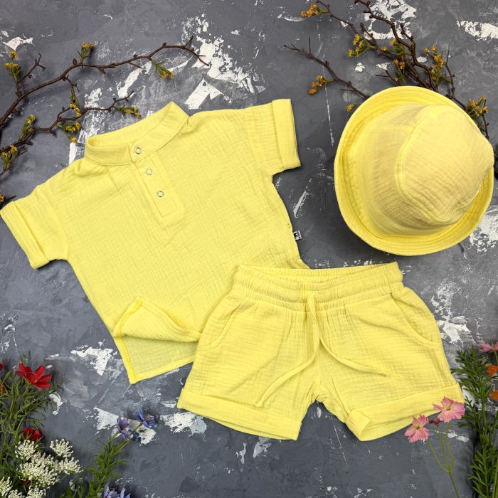 Костюм muslin cotton BEWARM дитячий шорти + футболка + панама Sunny-Yellow